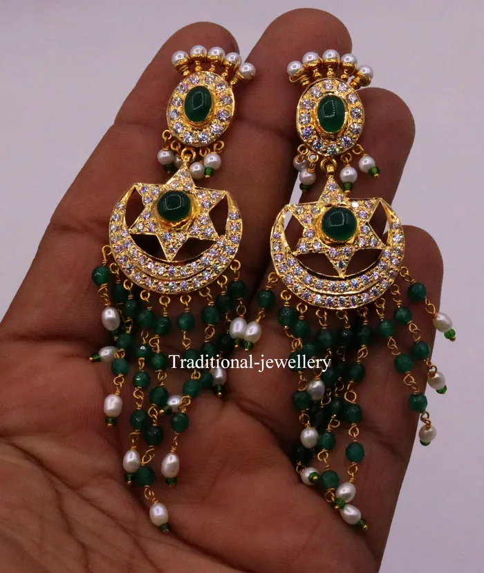 22kt yellow gold handmade gorgeous earrings drop dangle earrings pair chandbala with color beads bridal look jewelry er85 TRIBAL ORNAMENTS Earrings