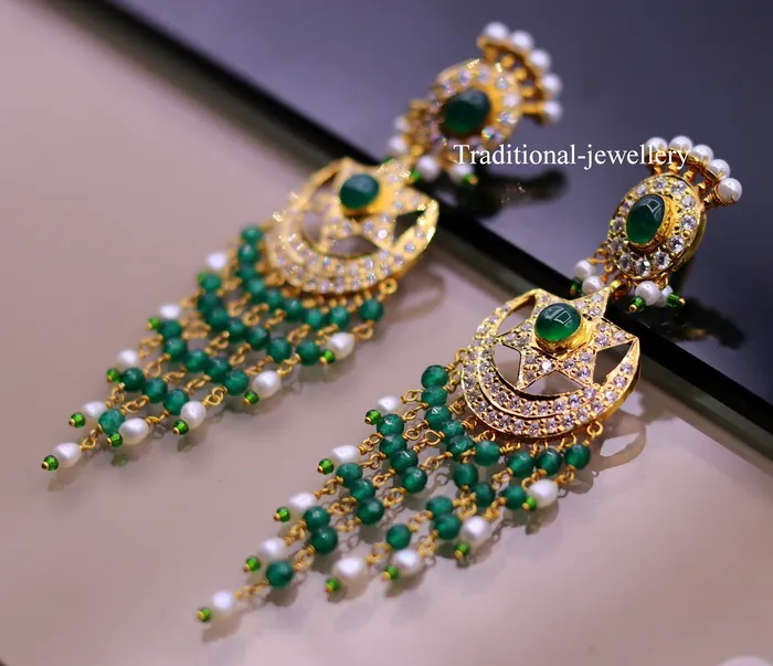 22kt yellow gold handmade gorgeous earrings drop dangle earrings pair chandbala with color beads bridal look jewelry er85 TRIBAL ORNAMENTS Earrings