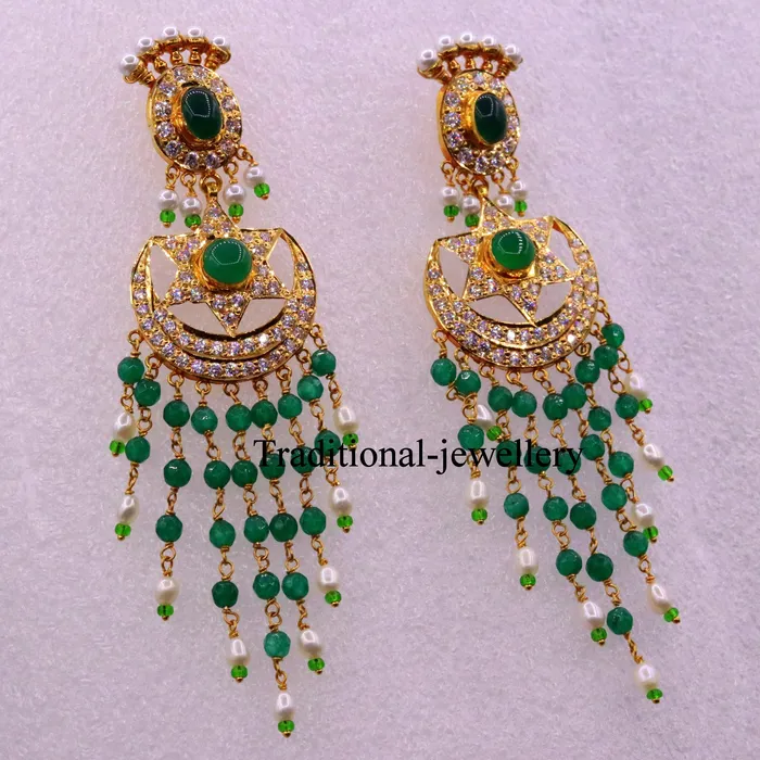 22kt yellow gold handmade gorgeous earrings drop dangle earrings pair chandbala with color beads bridal look jewelry er85 TRIBAL ORNAMENTS Earrings