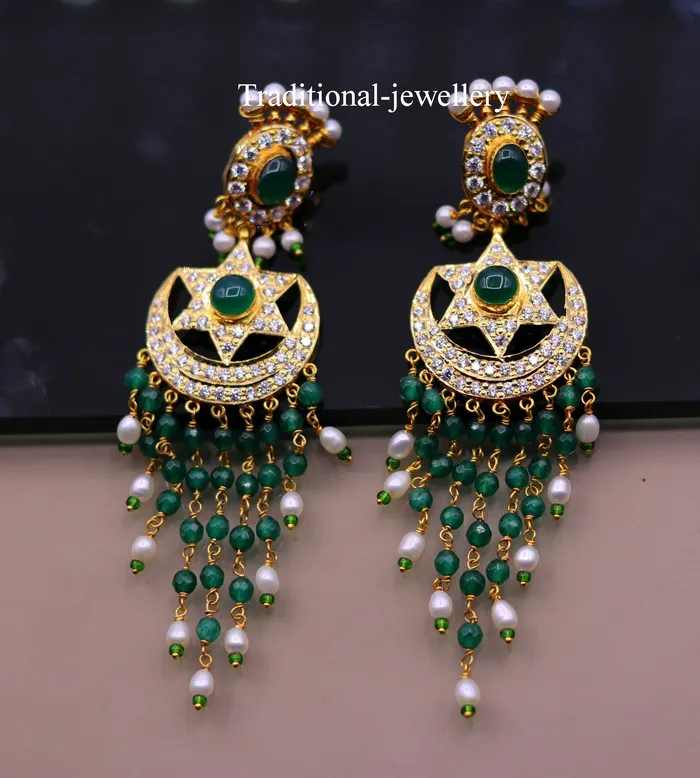 22kt yellow gold handmade gorgeous earrings drop dangle earrings pair chandbala with color beads bridal look jewelry er85 TRIBAL ORNAMENTS Earrings
