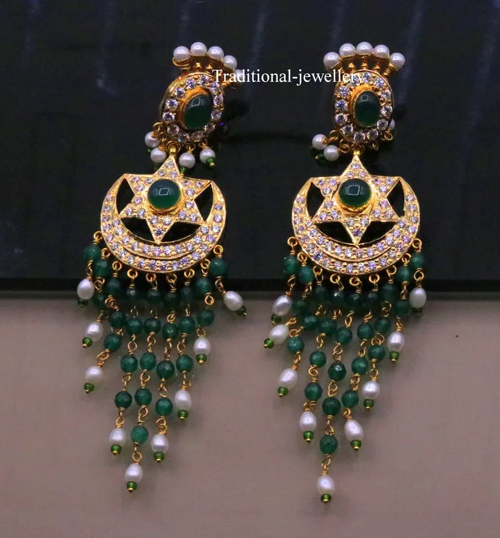 22kt yellow gold handmade gorgeous earrings drop dangle earrings pair chandbala with color beads bridal look jewelry er85 TRIBAL ORNAMENTS Earrings