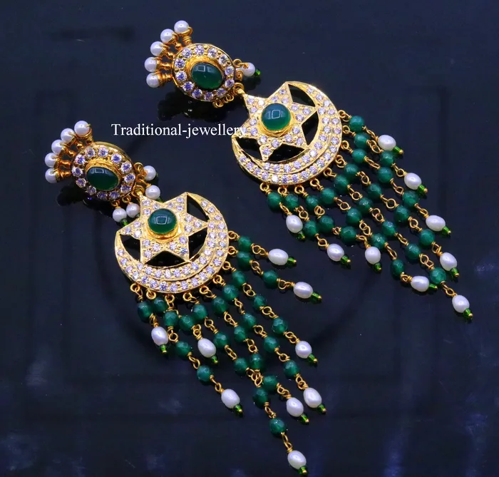 22kt yellow gold handmade gorgeous earrings drop dangle earrings pair chandbala with color beads bridal look jewelry er85 TRIBAL ORNAMENTS Earrings