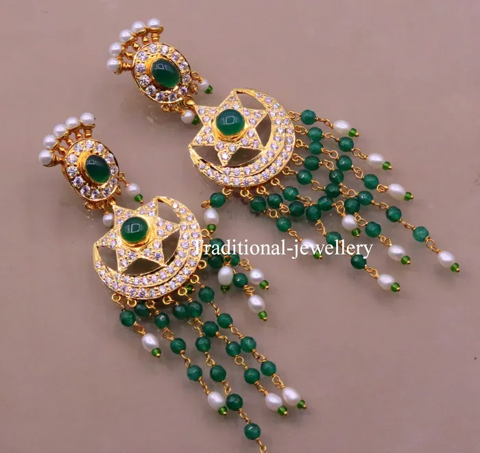 22kt yellow gold handmade gorgeous earrings drop dangle earrings pair chandbala with color beads bridal look jewelry er85 TRIBAL ORNAMENTS Earrings