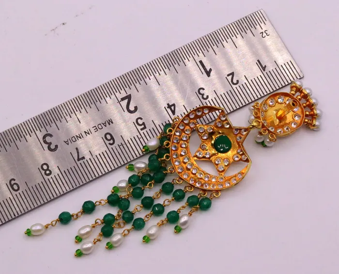 22kt yellow gold handmade gorgeous earrings drop dangle earrings pair chandbala with color beads bridal look jewelry er85 TRIBAL ORNAMENTS Earrings