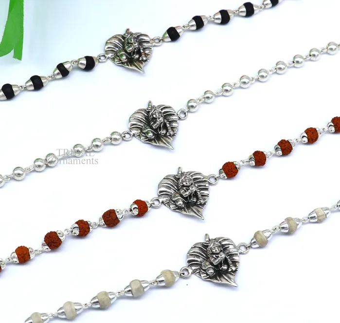 925 sterling silver handmade little krishna laddu gopala Designt rakhi bracelet with amazing rudrakshaTulsi beaded bracelet rk181 TRIBAL ORNAMENTS Bracelets 925 sterling silver handmade little krishna laddu gopala Designt rakhi bracelet with amazing rudrakshaTulsi beaded bracelet rk181 TRIBAL ORNAMENTS Bracelets