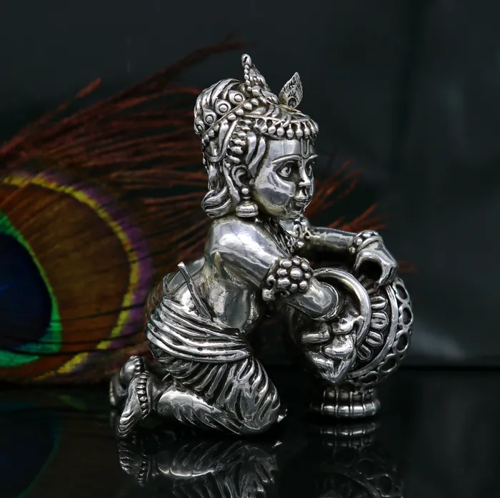 TRIBAL ORNAMENTS 925 Sterling silver customized Idol Krishna Bal Gopal statue figurine laddu gopal sculpture home temple utensil silver article su208 Rings
