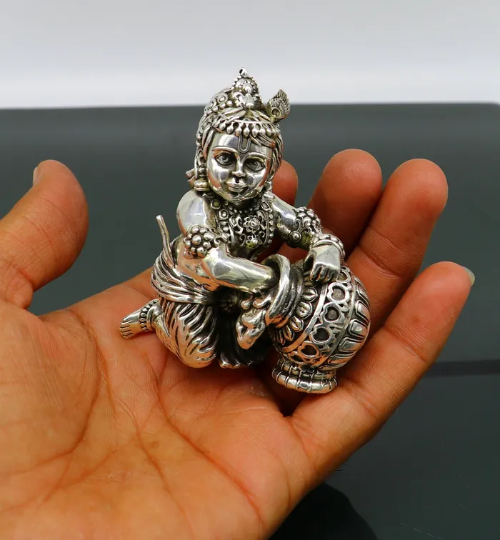 TRIBAL ORNAMENTS 925 Sterling silver customized Idol Krishna Bal Gopal statue figurine laddu gopal sculpture home temple utensil silver article su208 Rings