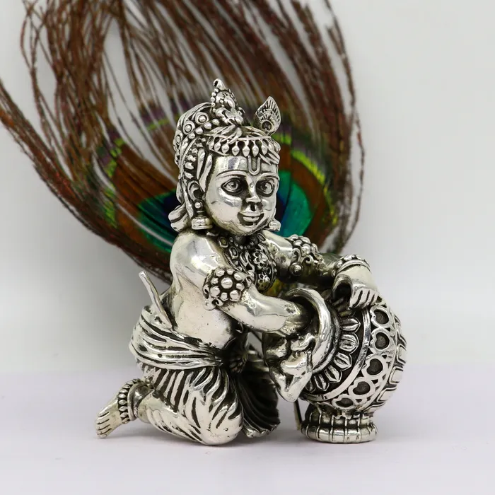 TRIBAL ORNAMENTS 925 Sterling silver customized Idol Krishna Bal Gopal statue figurine laddu gopal sculpture home temple utensil silver article su208 Rings