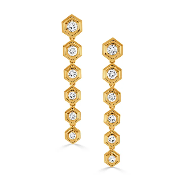 Croghans Earrings Diamond 18K Yellow Gold Hexagon Linear Drop Earrings