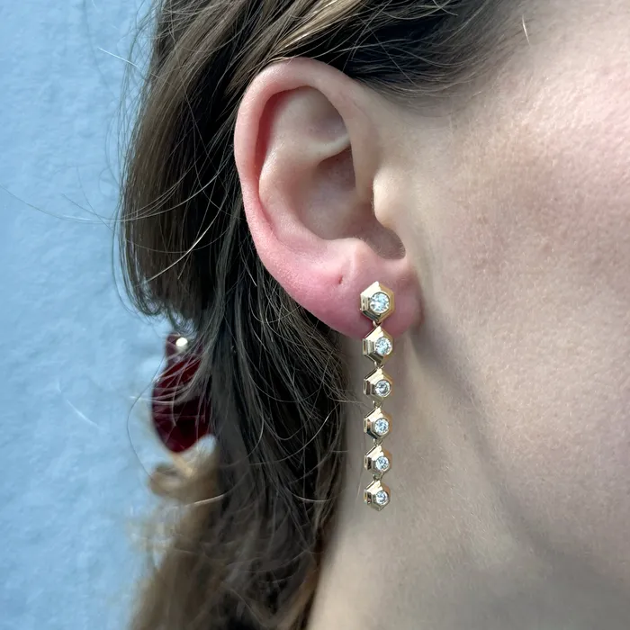 Croghans Earrings Diamond 18K Yellow Gold Hexagon Linear Drop Earrings