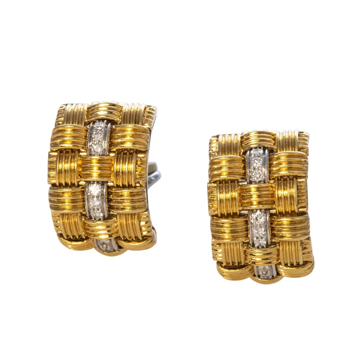 Earrings Croghans Estate 18K Gold Diamond Basketweave Clip On Earrings